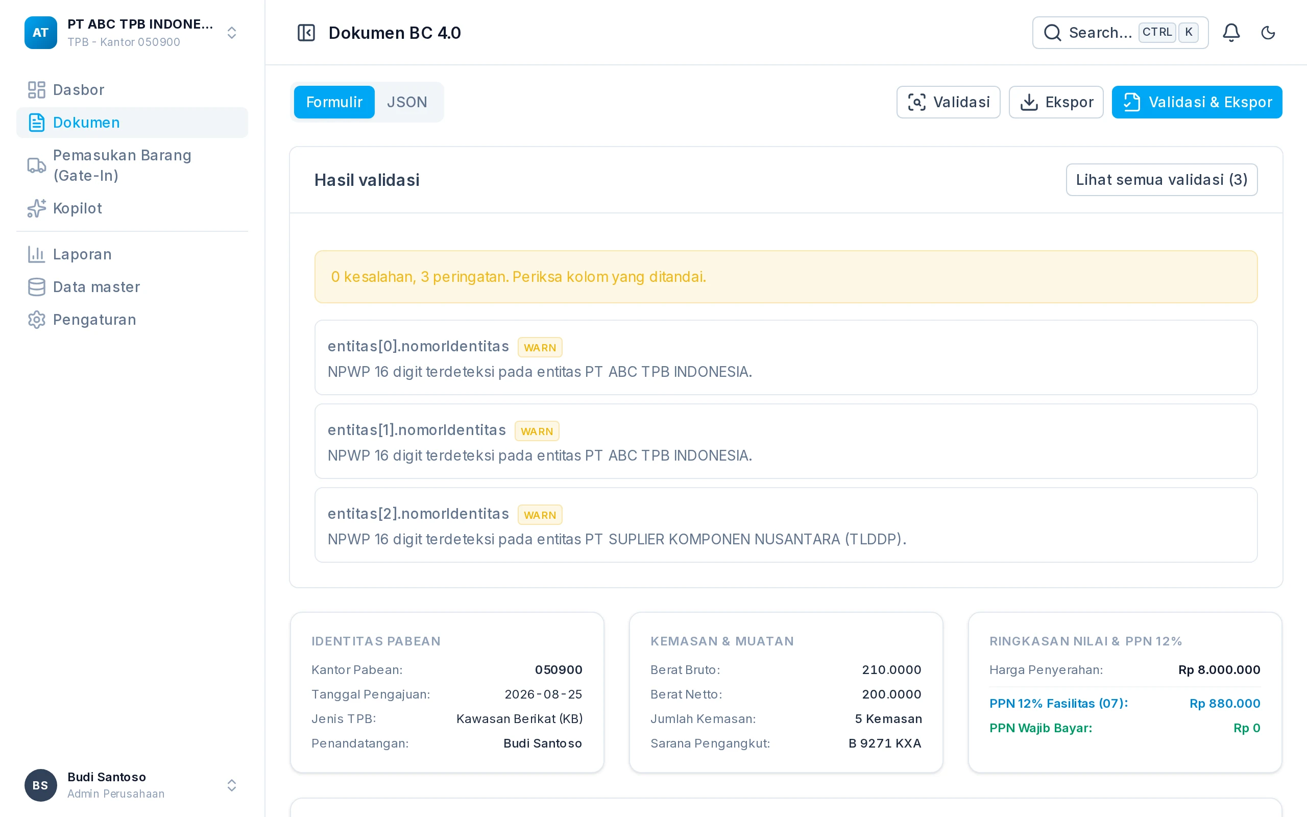 Hasil validasi draf dokumen BC 4.0 di Deklara: 0 kesalahan dan 3 peringatan, di atas ringkasan identitas pabean, kemasan, serta nilai dan PPN.